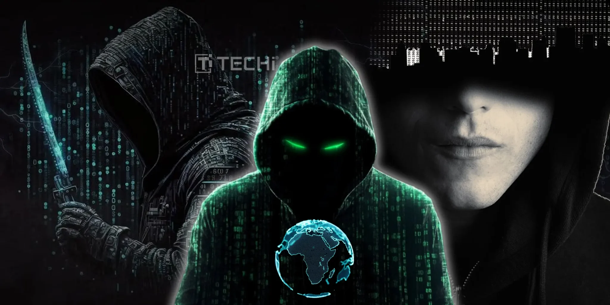 Three hooded hacker figures in a digital matrix, one with glowing green eyes and another wielding a sword, representing cyber warfare and underground hacking culture.