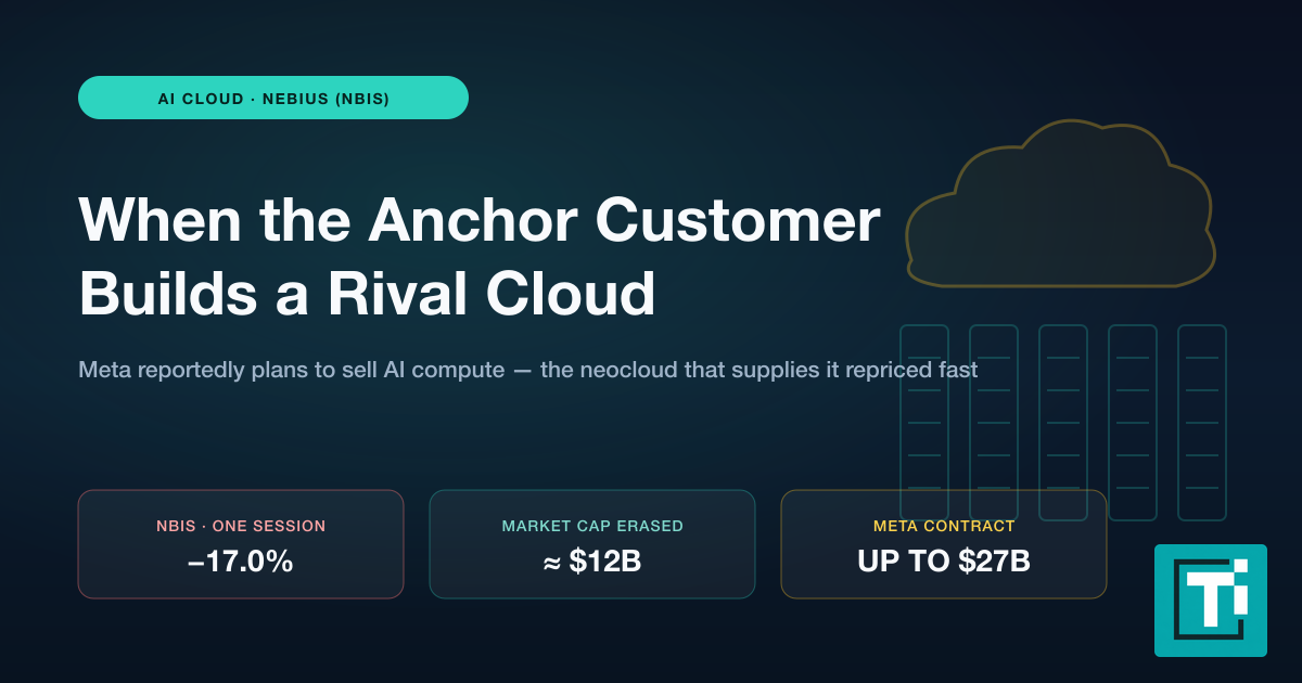 Dark illustration of a large cloud looming over a row of server racks, with stat cards showing Nebius stock down 17 percent, about 12 billion dollars of market value erased, and a Meta contract worth up to 27 billion dol