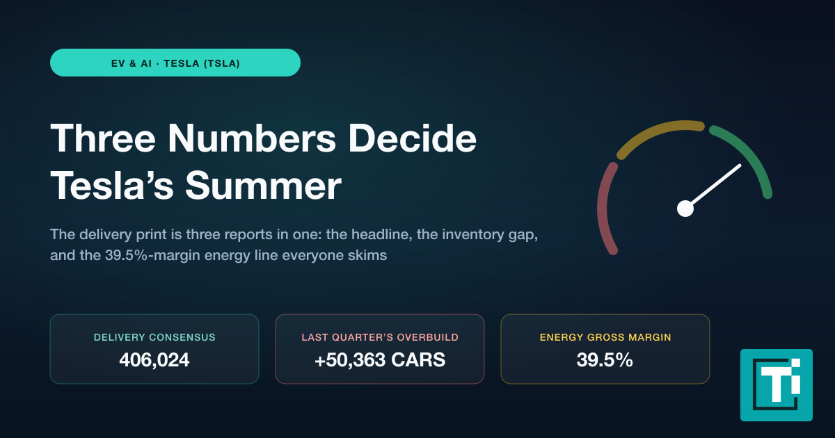 Dark illustration of a speedometer gauge with red, amber and green zones, with stat cards showing the Tesla delivery consensus of 406,024 vehicles, last quarter's overbuild of 50,363 cars, and a 39.5 percent energy gross